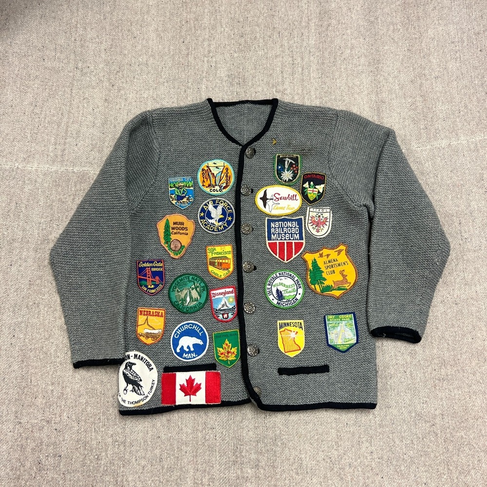 Vintage Patched Wool Sweater Mens Small Gray 1960s Cardigan Tourist Travel - Picture 1 of 11